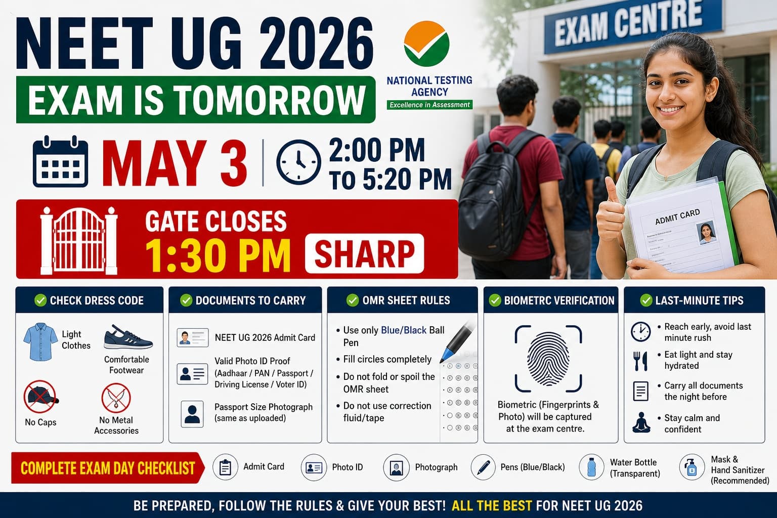 NEET UG 2026 Exam Day Tips for May 3: Gate Closes at 1:30 PM, Dress Code for Male Female, Documents to Carry, Biometric Verification and Complete Exam Day Checklist