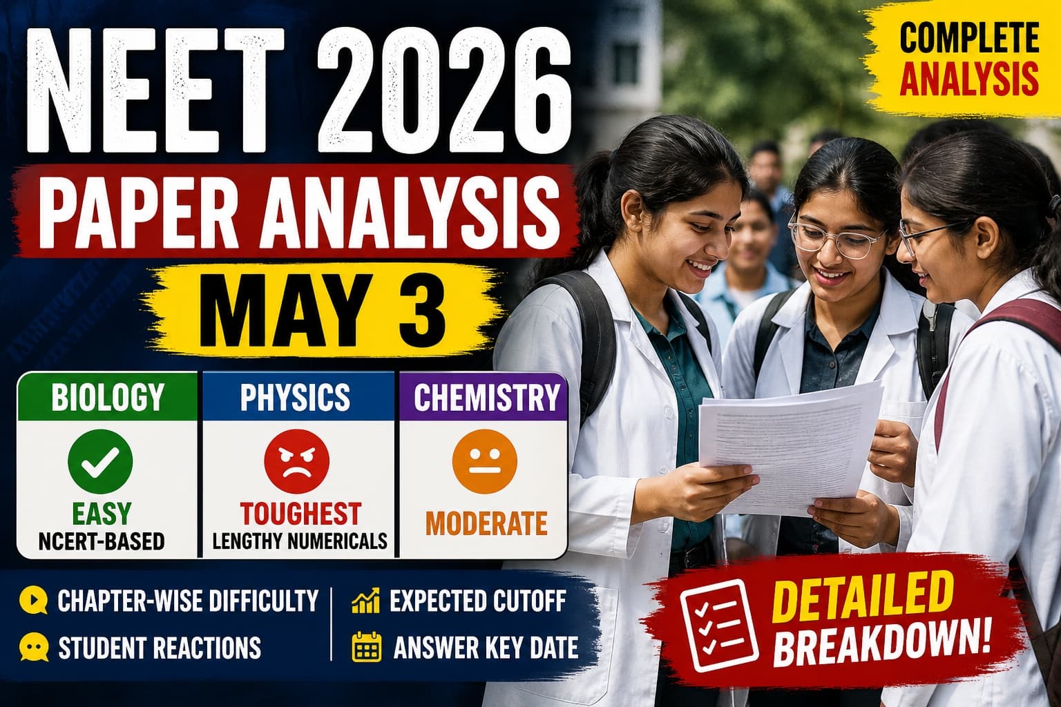 NEET 2026 Paper Analysis (May 3):  - Complete Subject-Wise Difficulty Level, Chapter-Wise Weightage, Student Reactions and Expected Cutoff