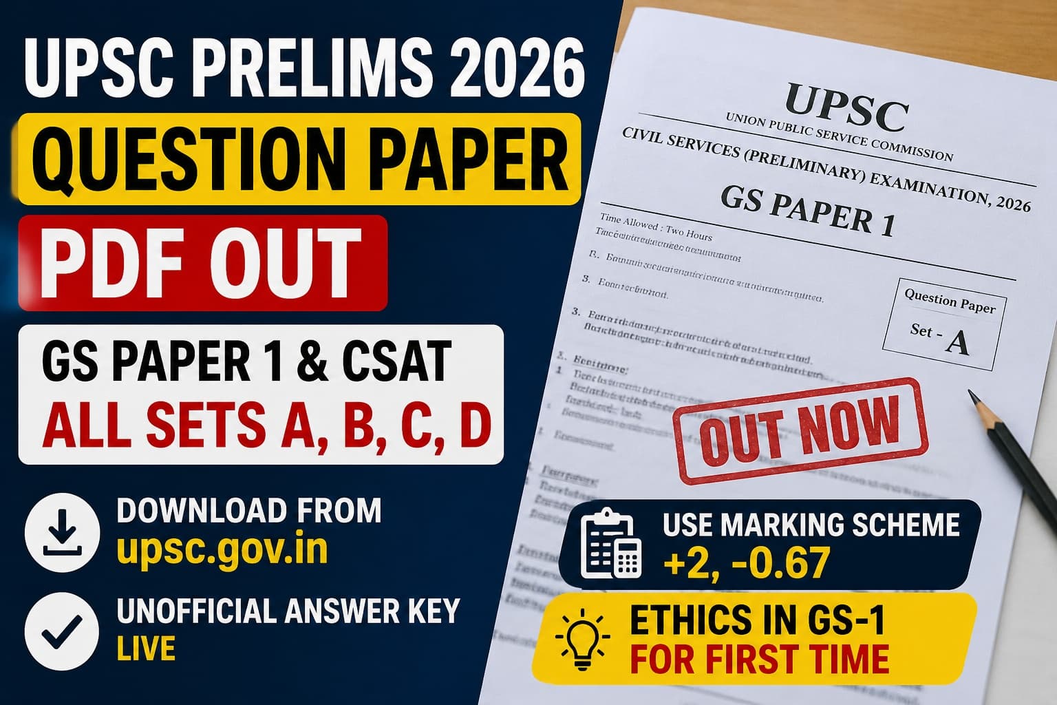 UPSC Prelims 2026 Question Paper PDF Download: GS Paper 1 and CSAT All Sets (A B C D) — Unofficial Answer Key, Marking Scheme, Score Calculator and How to Use the Paper