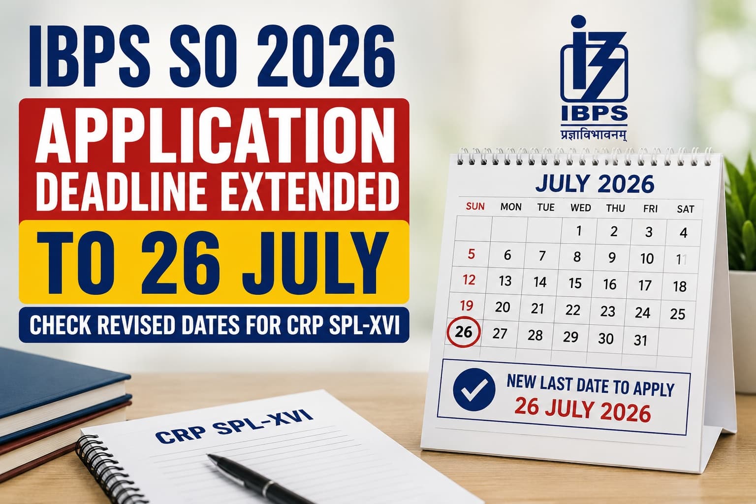 IBPS SO 2026 Application Deadline Extended to 26 July, Check Revised Dates for CRP SPL-XVI