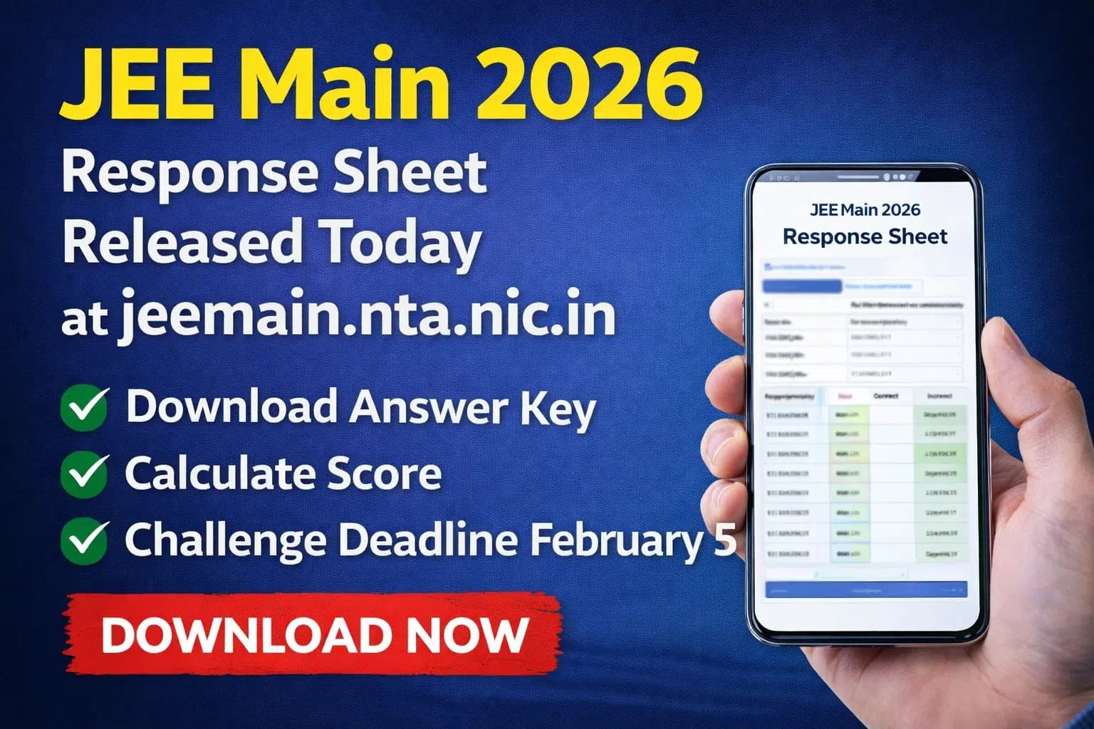 JEE Main 2026 Response Sheet Released Today at jeemain.nta.nic.in - Download Answer Key, Calculate Score & Challenge Deadline February 5