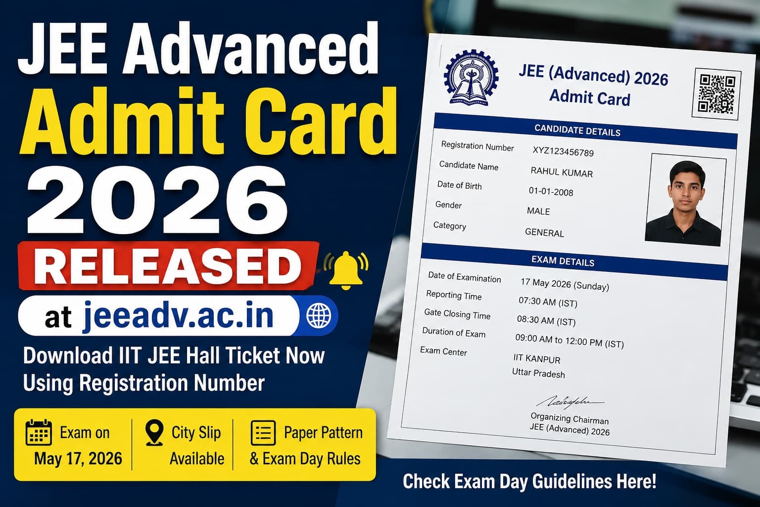 JEE Advanced Admit Card 2026 Released at jeeadv.ac.in: Download IIT JEE Hall Ticket Now Using Registration Number, Exam on May 17, City Slip, Paper Pattern and Exam Day Rules