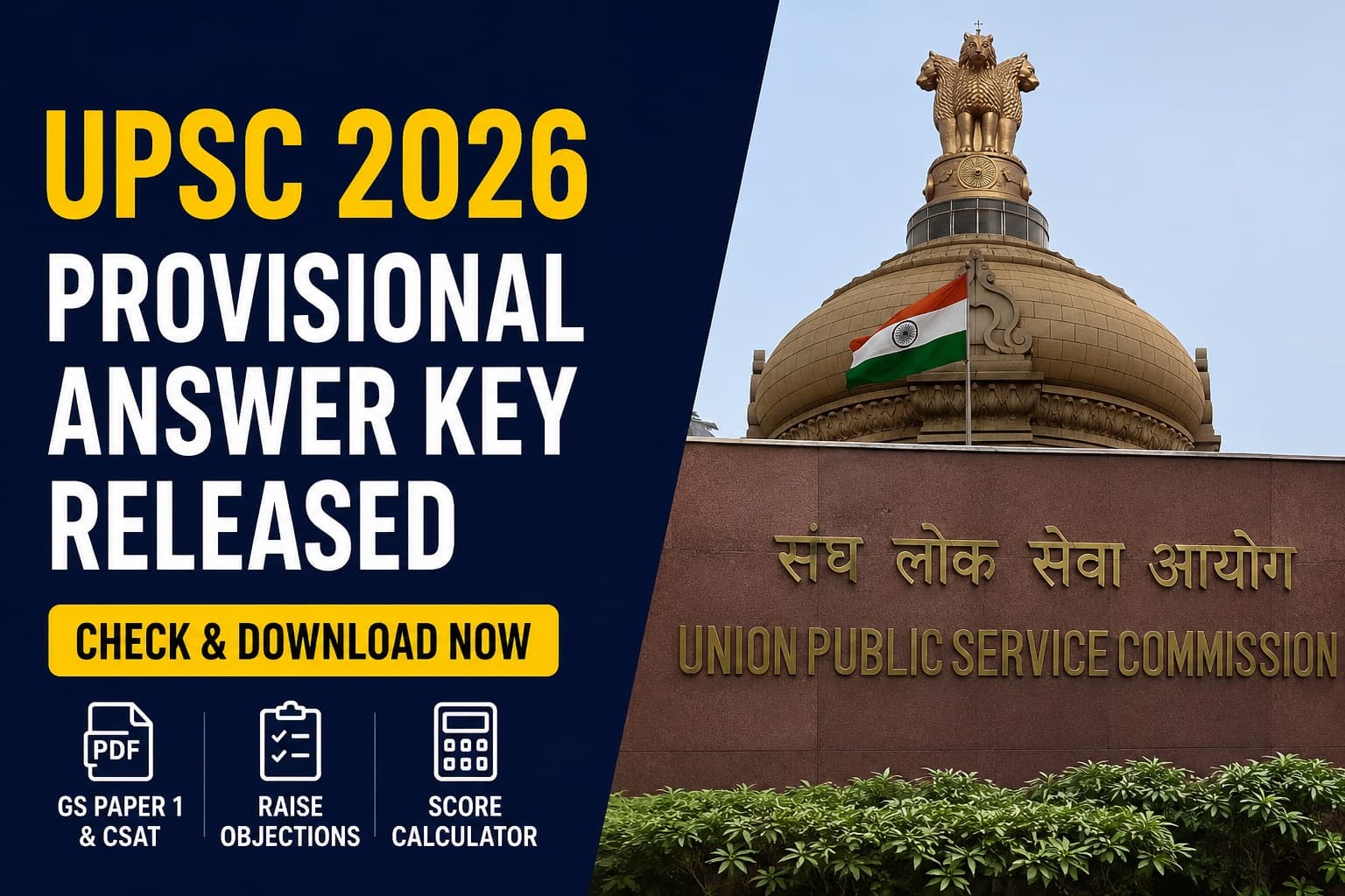 UPSC Provisional Answer Key 2026 Released at upsc.gov.in: Download CSE Prelims GS Paper 1 and CSAT PDF (Set A B C D), Raise Objections via QPRep Portal — Score Calculator, Expected Cutoff and Complete Guide